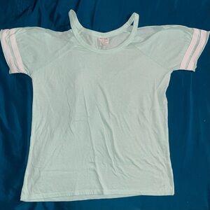 EXIST Light Blue Cut Off Shoulder Short Sleeve Baseball Stripe Tee Small Summer